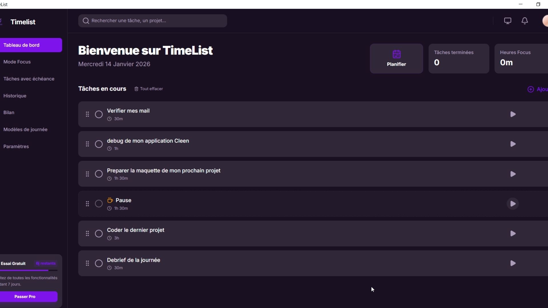 Interface de l'application TimeList affichant une tâche en cours avec un minuteur intégré